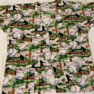 Button front scrub top. Baseball print. Green black white. Size Medium.